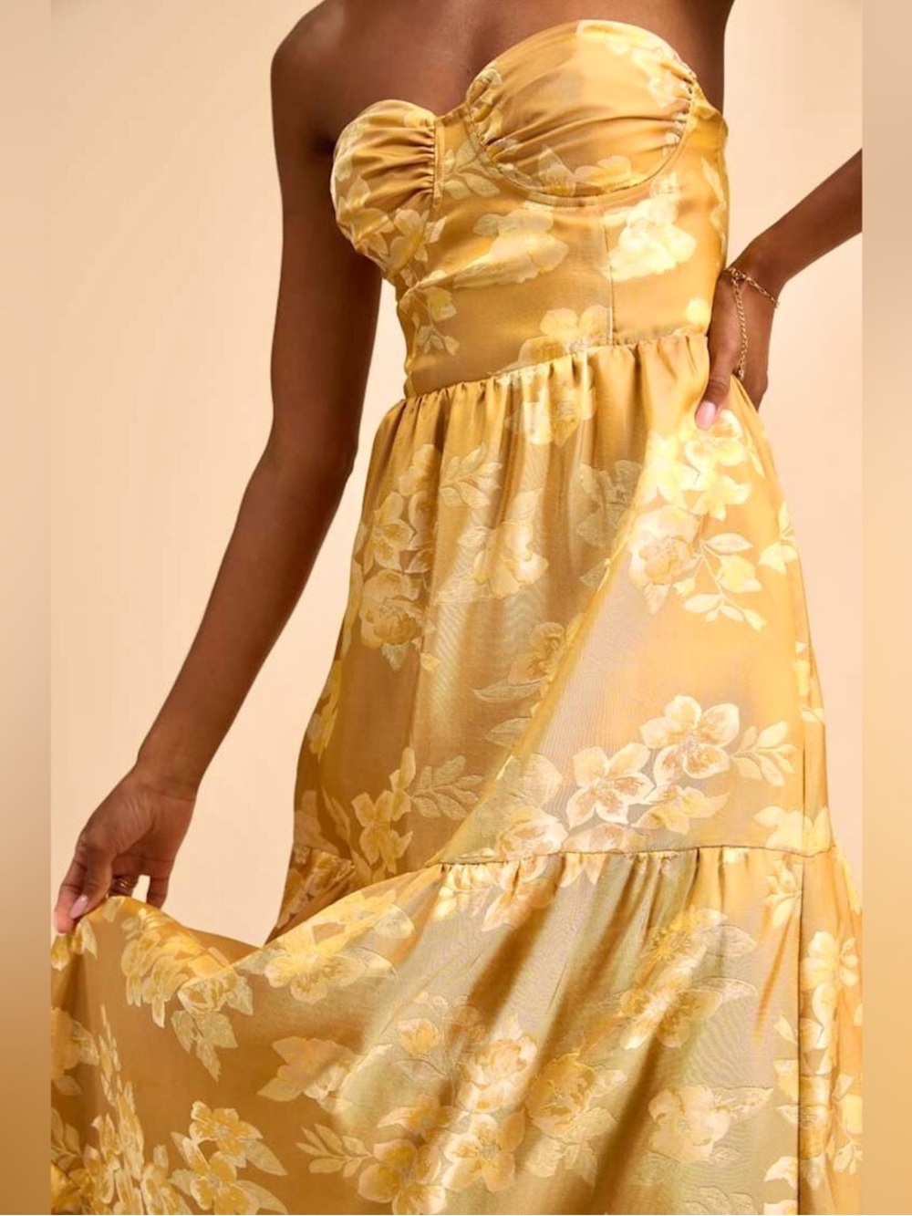 NWT LULUS Floral Jacquard Strapless Sweetheart Bustier Tier Ruffle Princess Gown - Picture 4 of 6